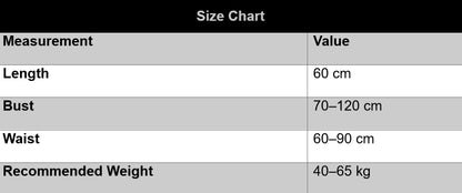 Size chart with measurements and values for length, bust, waist, and recommended weight.