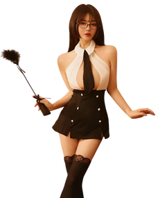 Woman in a black and white outfit holding a whip on a white background