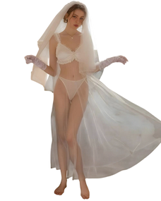 Woman wearing a sheer white bridal outfit with a veil on a white background