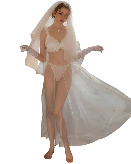 Sheer white bridal nightgown with veil for wedding-night lingerie