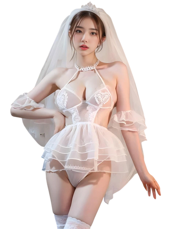 White bridal babydoll lingerie set with lace, veil and stockings