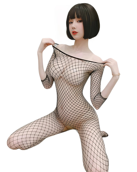 Sexy fishnet bodysuit – transparent mesh catsuit with open crotch, sheer lingerie for women sitting 