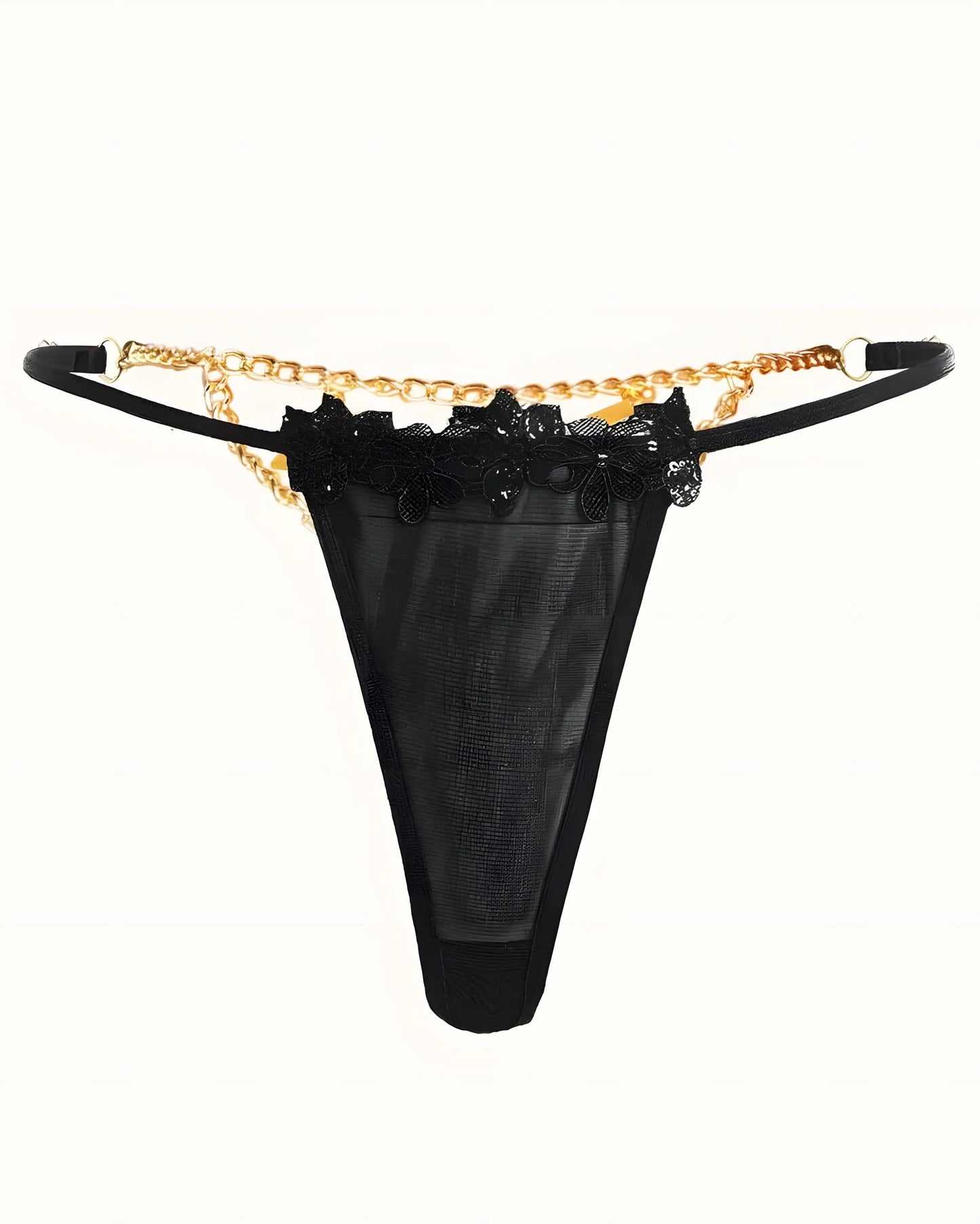 Sexy mesh thong with rhinestone "BAY" detail and gold chain accents front