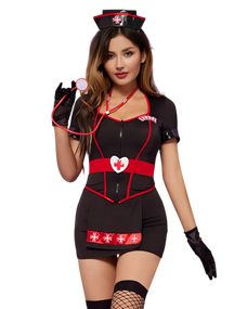 Woman wearing a black and red nurse costume with accessories on a white background