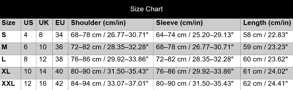 Size chart for clothing with measurements in centimeters and inches.
