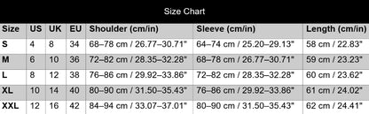 Size chart for clothing with measurements in centimeters and inches.