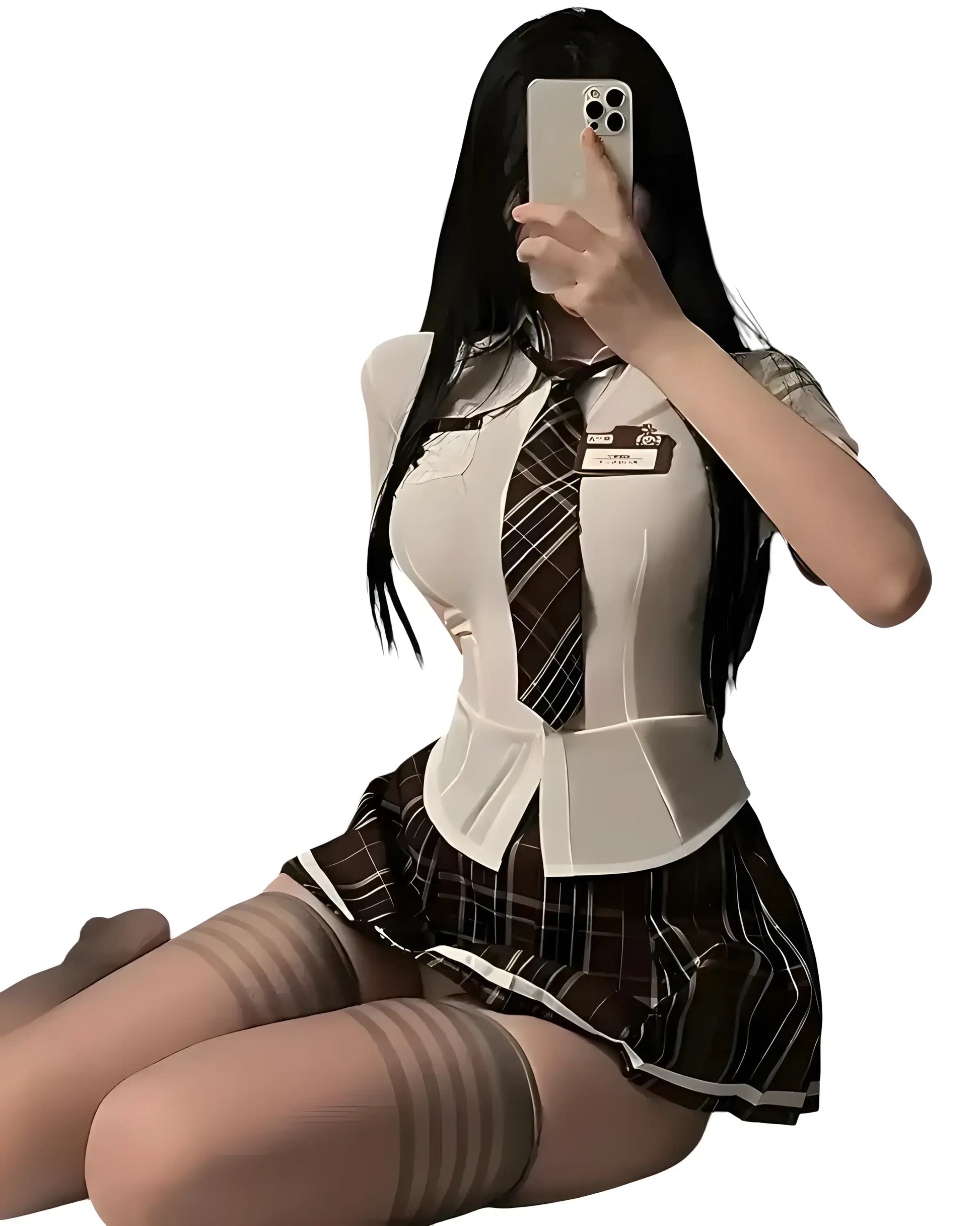 Sexy schoolgirl outfit with pleated mini skirt, a stylish school girl costume for cosplay sitting