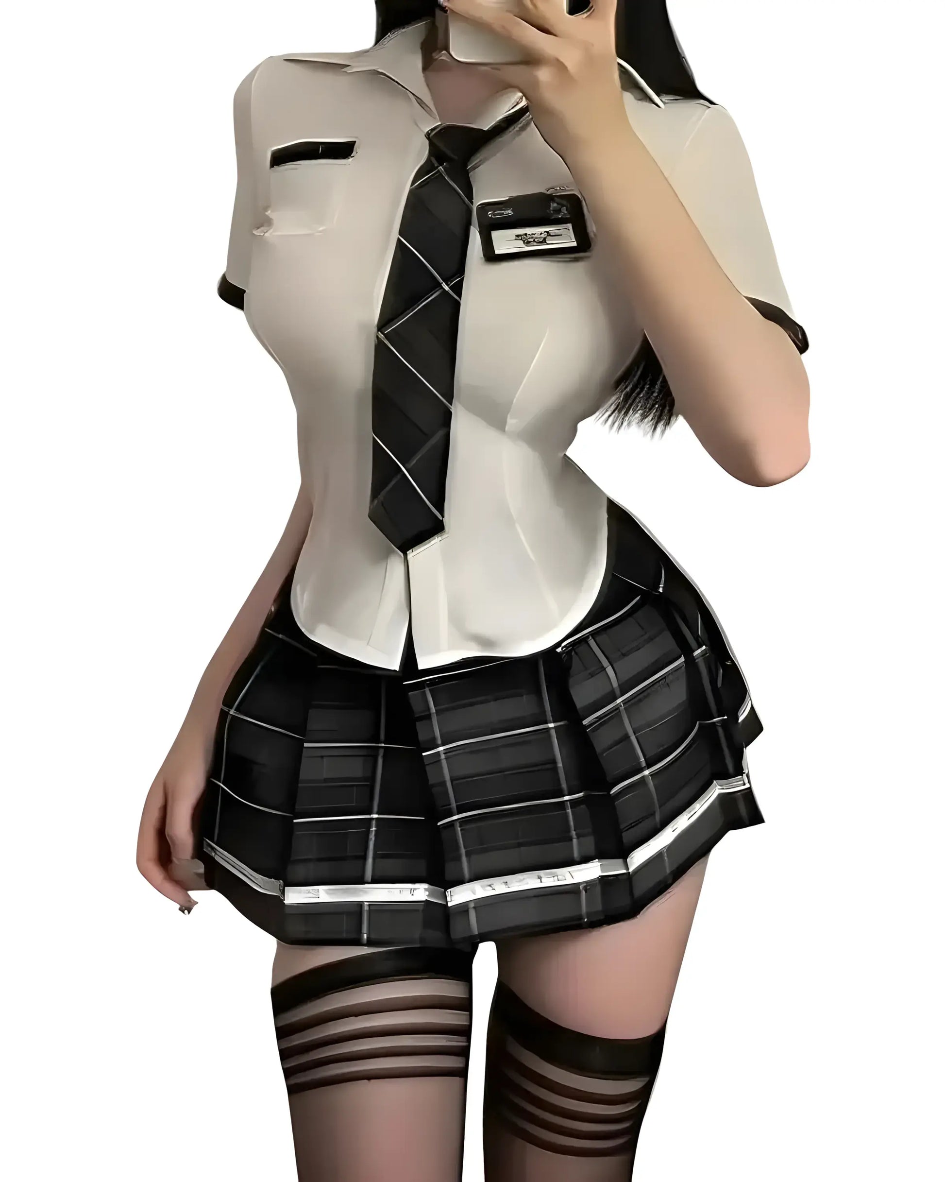 Sexy schoolgirl outfit with pleated mini skirt, a stylish school girl costume for cosplay  blue standing