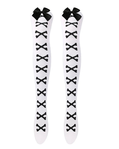 Skeleton bone print thigh high socks black bones on white for femboys and women