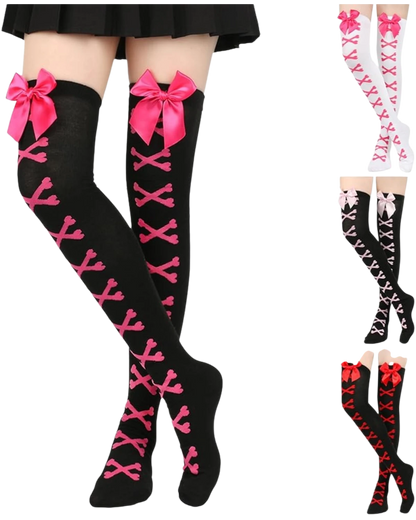 Skeleton bone print thigh high socks femboys women hero for femboys and women