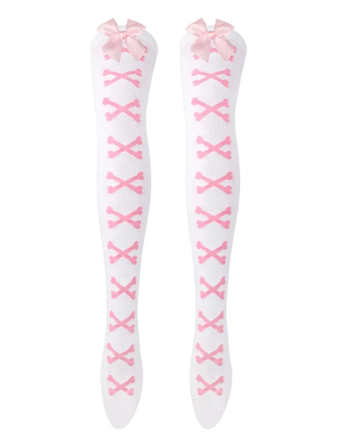 Skeleton bone print thigh high socks pink bones on white photographed for femboy and women's fashion