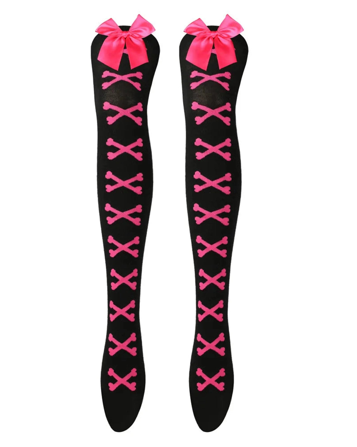 Skeleton bone print thigh high socks rose red on black photographed for femboy and women's fashion