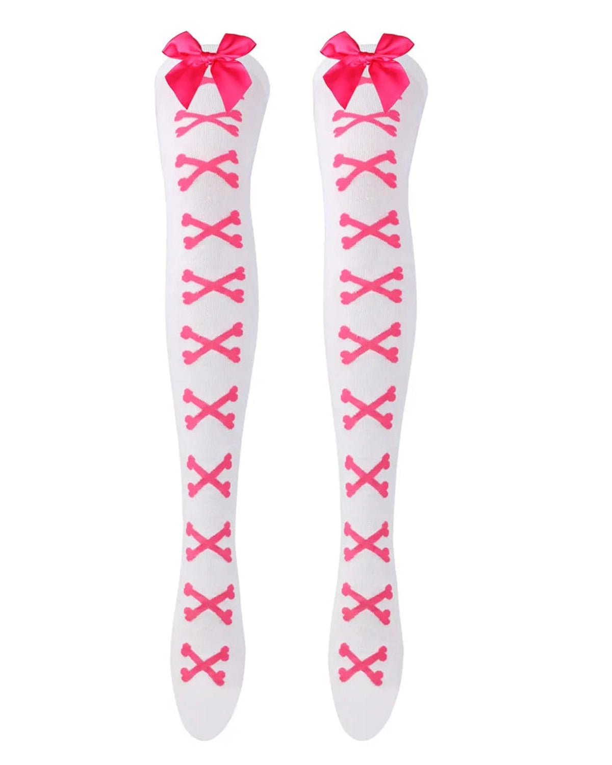 Skeleton bone print thigh high socks rose red on white for femboys and women