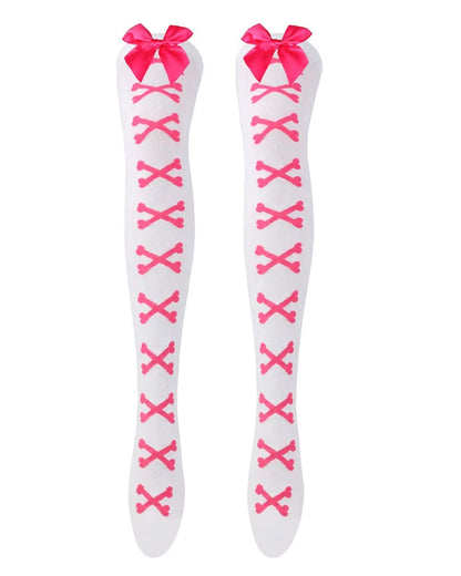 Skeleton bone print thigh high socks rose red on white for femboys and women