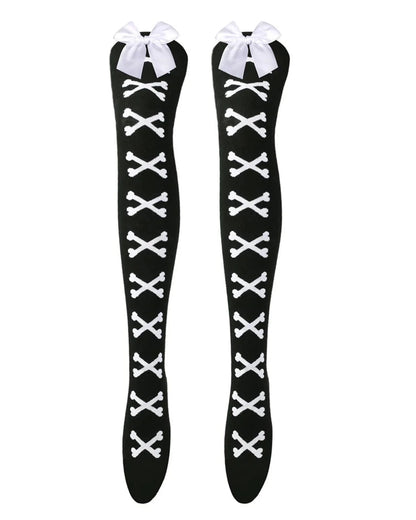 Skeleton bone print thigh high socks white bones on black for femboys and women