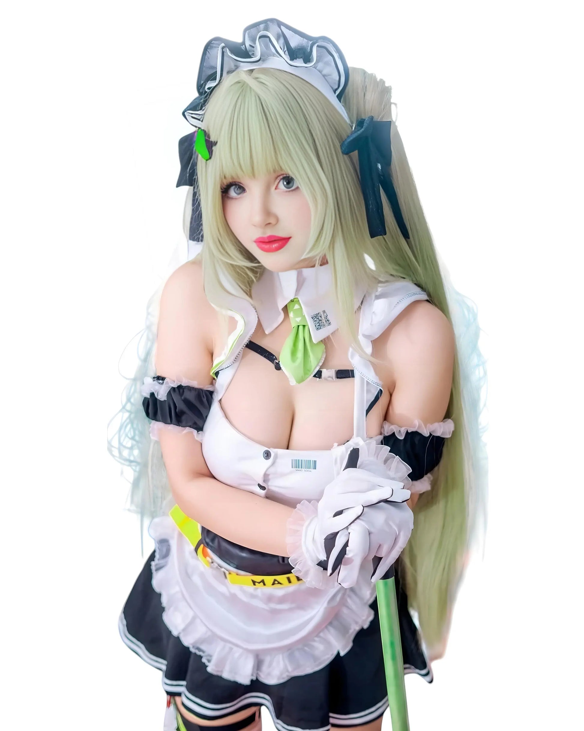 A cosplayer looking at camera and wearing Soda maid costume – Nikke Goddess of Victory cosplay