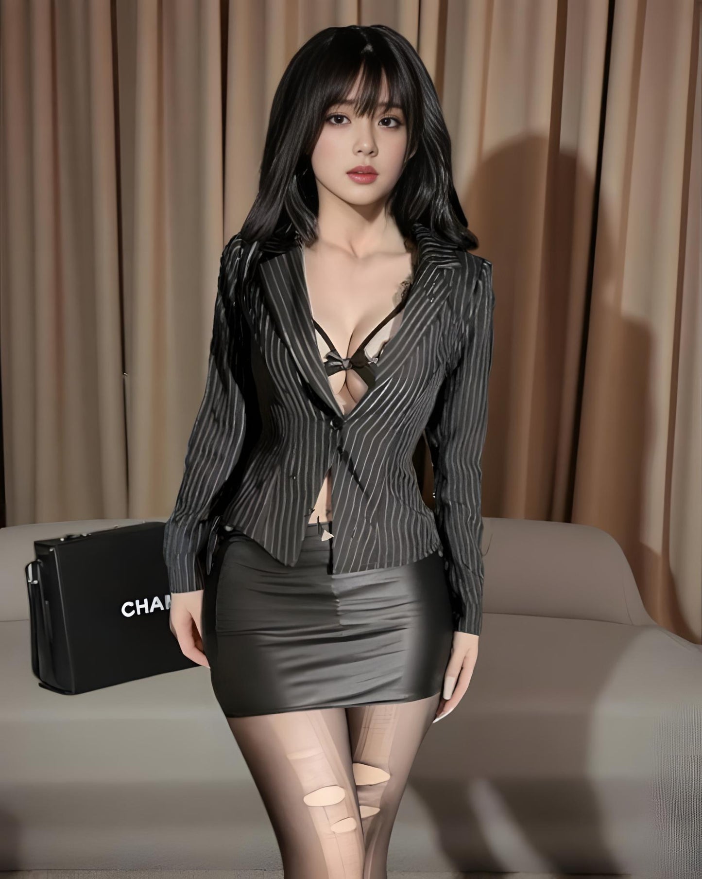 Woman wearing a black pinstripe blazer and black skirt with a Chanel handbag in the background.