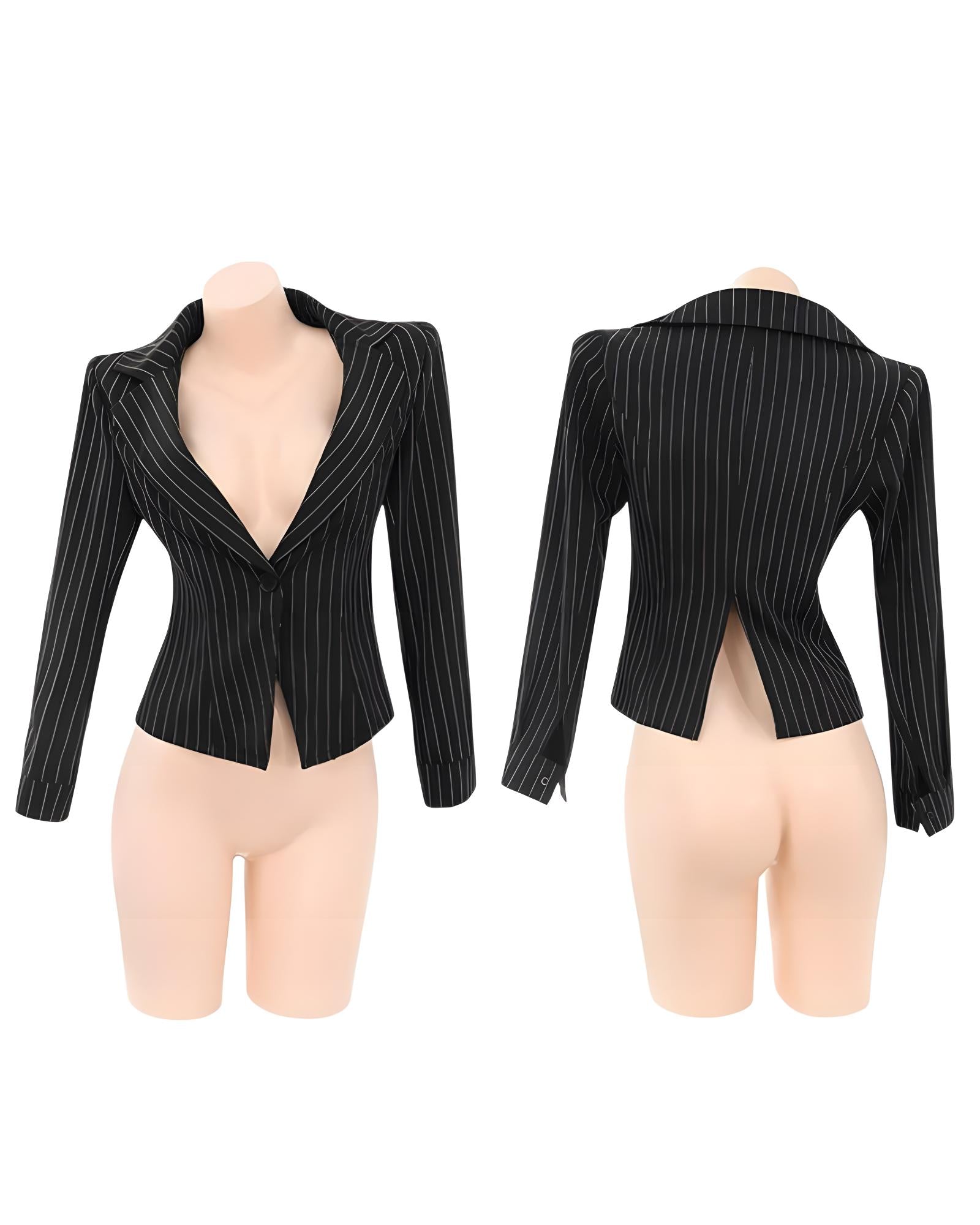 Black pinstripe blazer on mannequins with a white background