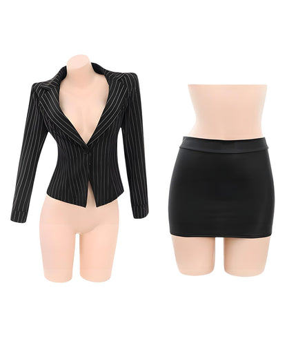 Black pinstripe blazer and black mini skirt on mannequin forms against a white background