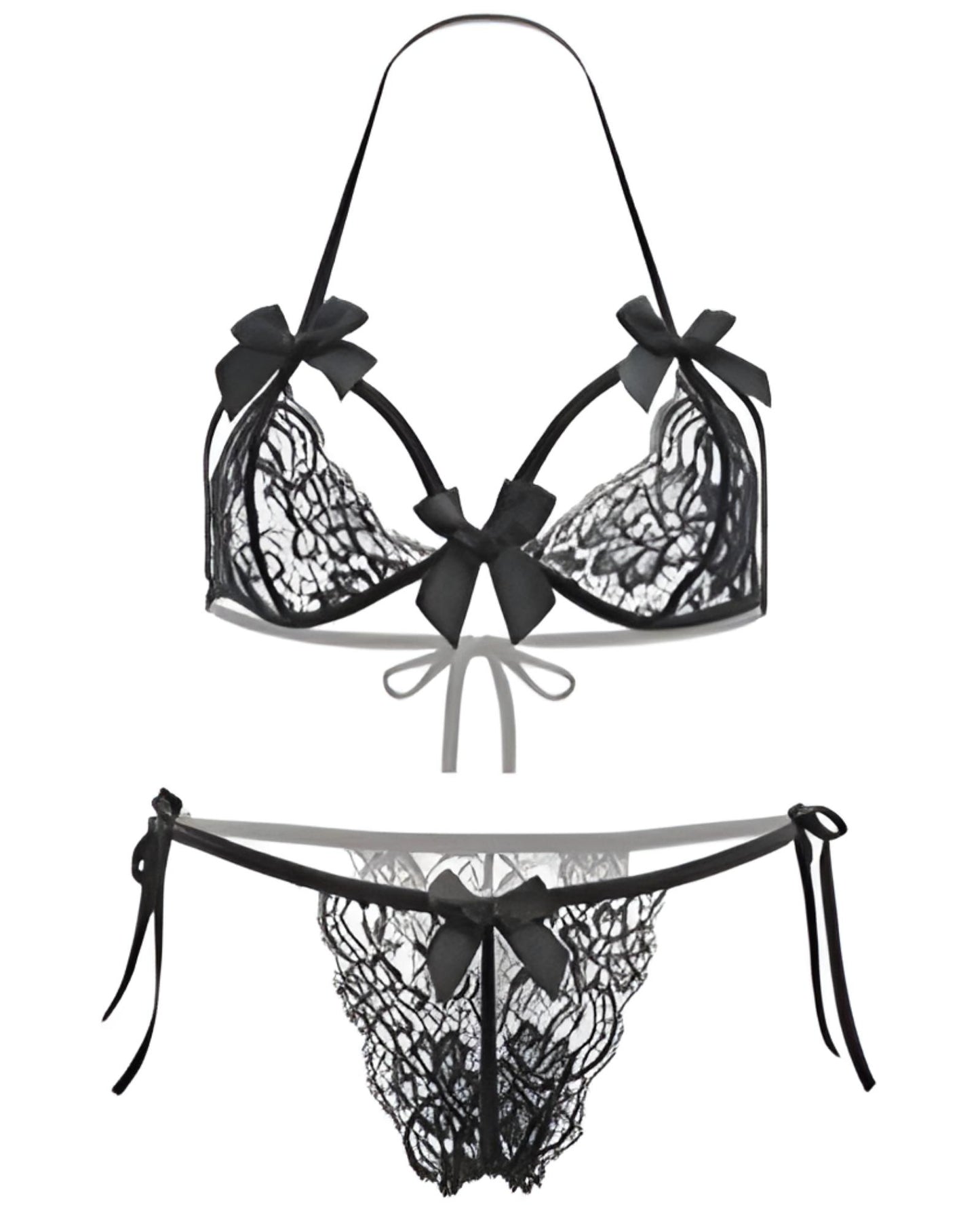 Black lace lingerie set with bows on a white background