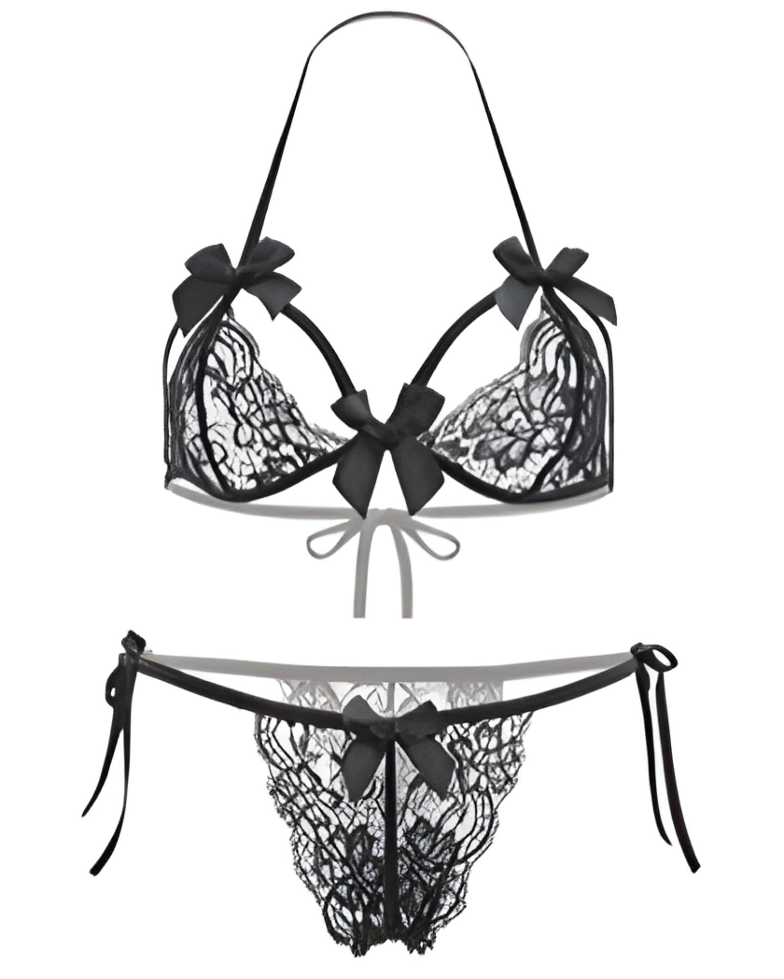 Black lace lingerie set with bows on a white background