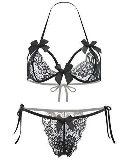 Black lace lingerie set with bows on a white background