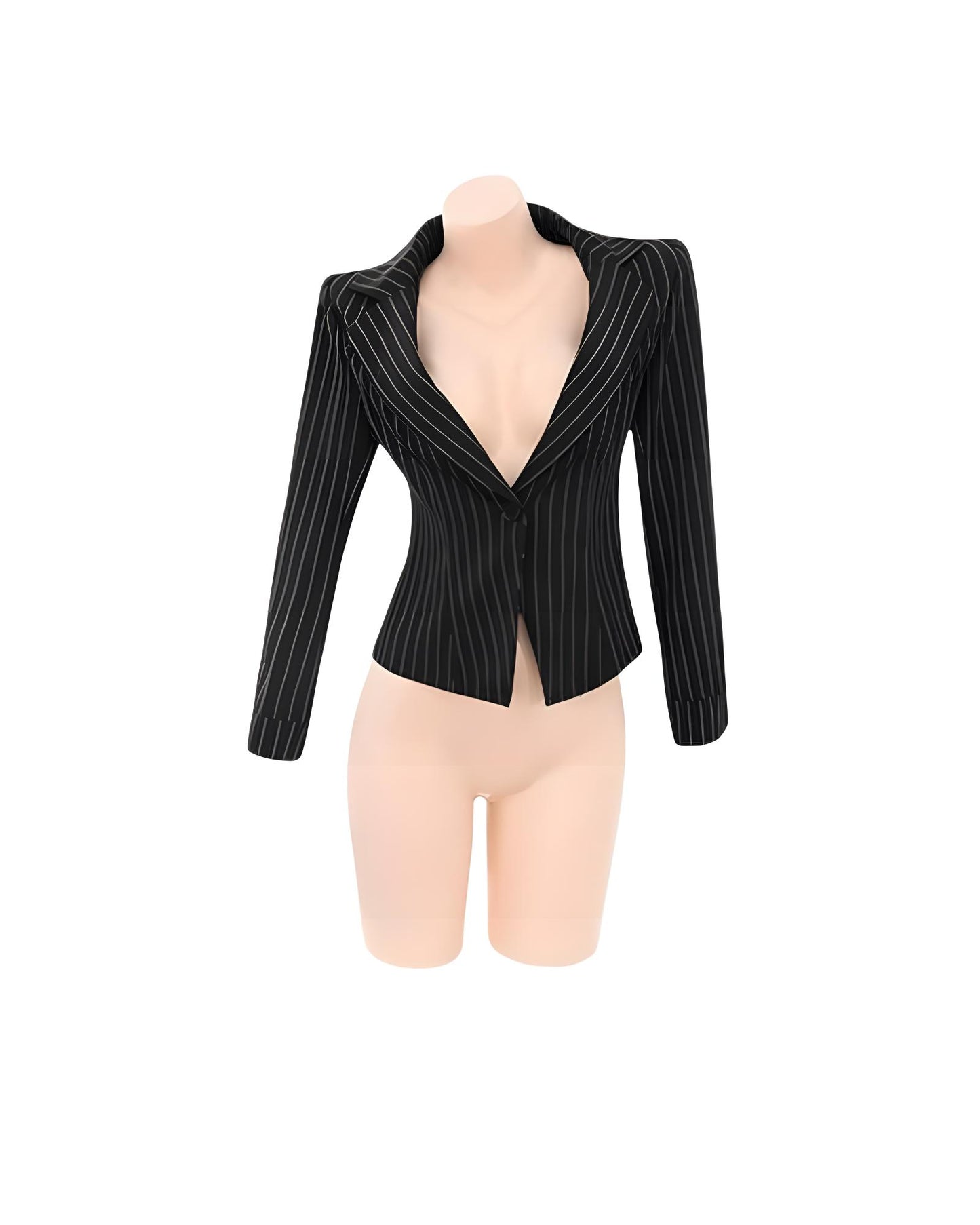 Black pinstripe blazer on a mannequin against a white background