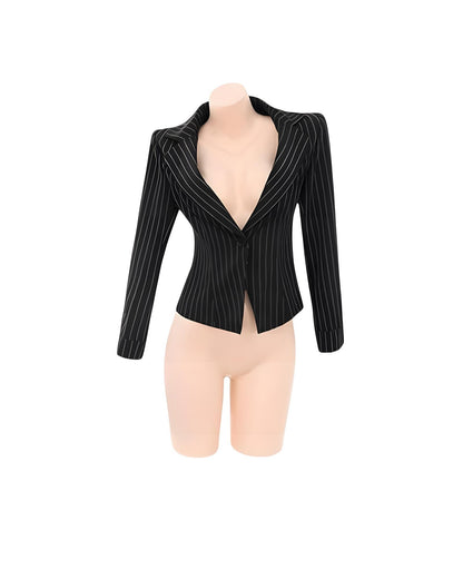 Black pinstripe blazer on a mannequin against a white background
