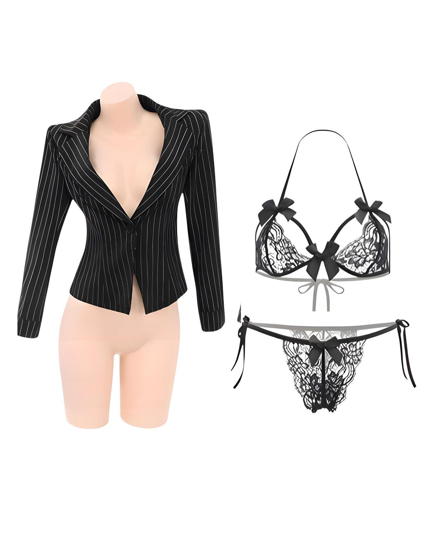 Black pinstripe blazer on a mannequin with black lace lingerie set on a white background