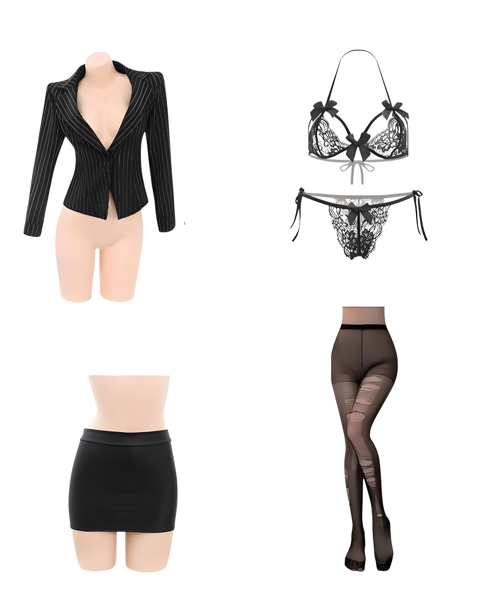 Black lingerie set including a top, panties, and stockings on mannequins and a white background.