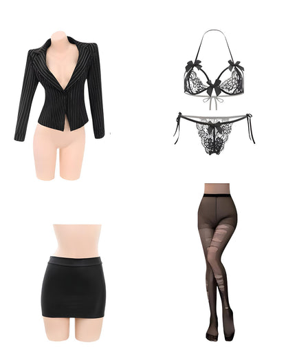 Black lingerie set including a top, panties, and stockings on mannequins and a white background.