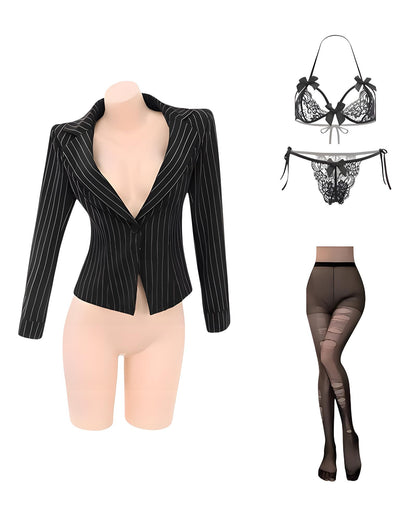 Black pinstripe blazer on a mannequin, black lace lingerie set, and black fishnet stockings.