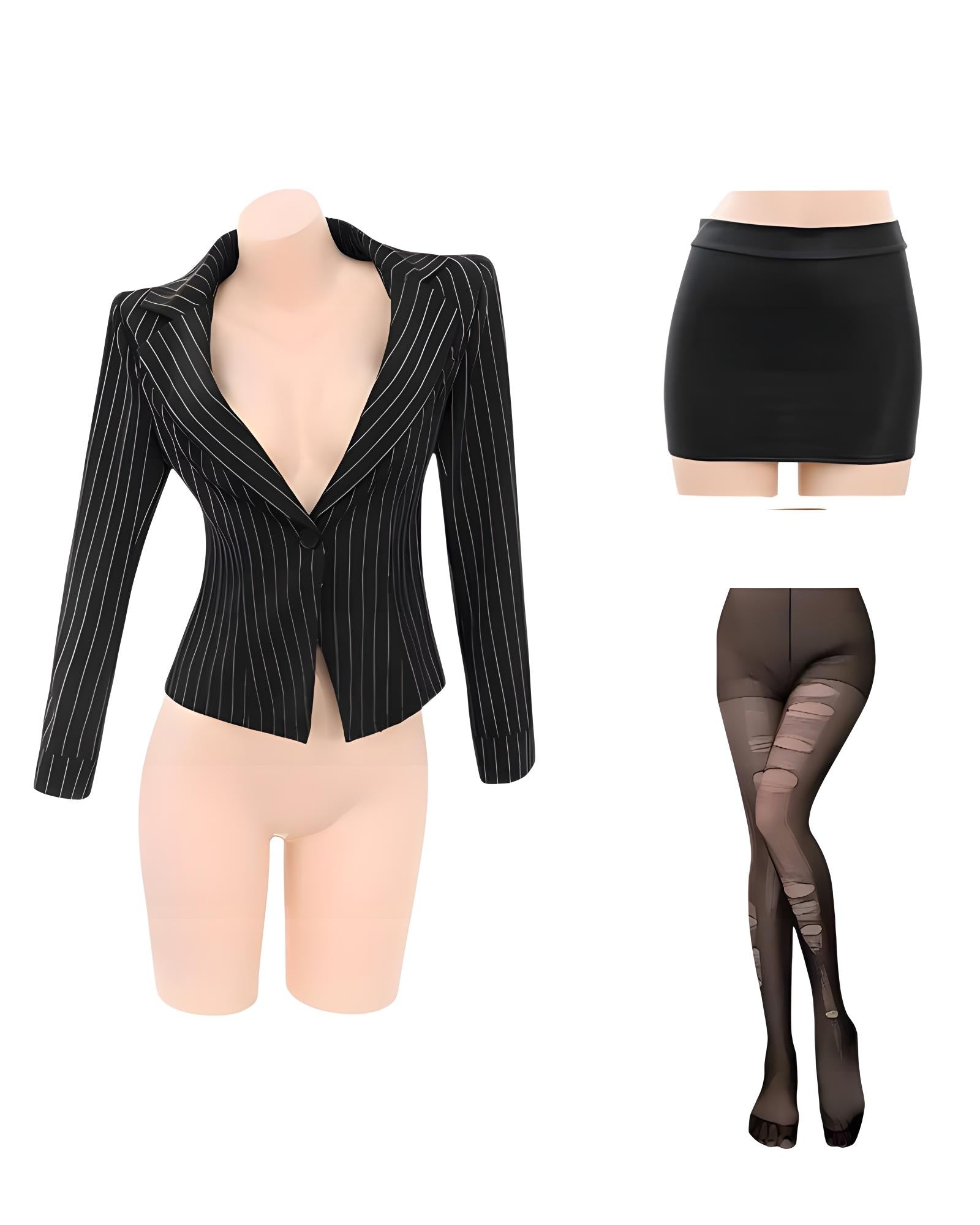 Black pinstripe blazer, black skirt, and black tights on mannequins against a white background