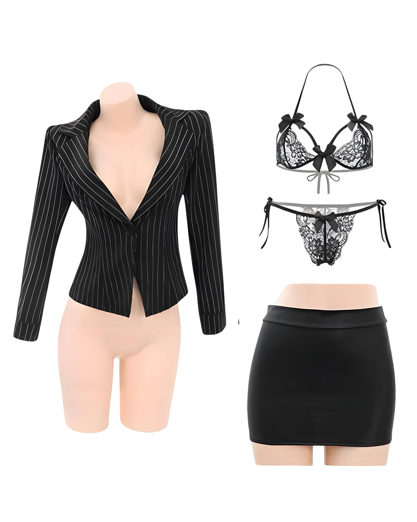 Black pinstripe blazer, black lace lingerie set, and black skirt on mannequins against a white background.