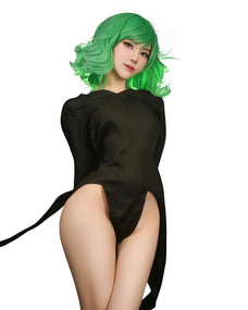 Tatsumaki cosplay from One Punch Man featuring her black dress and green hair. close up
