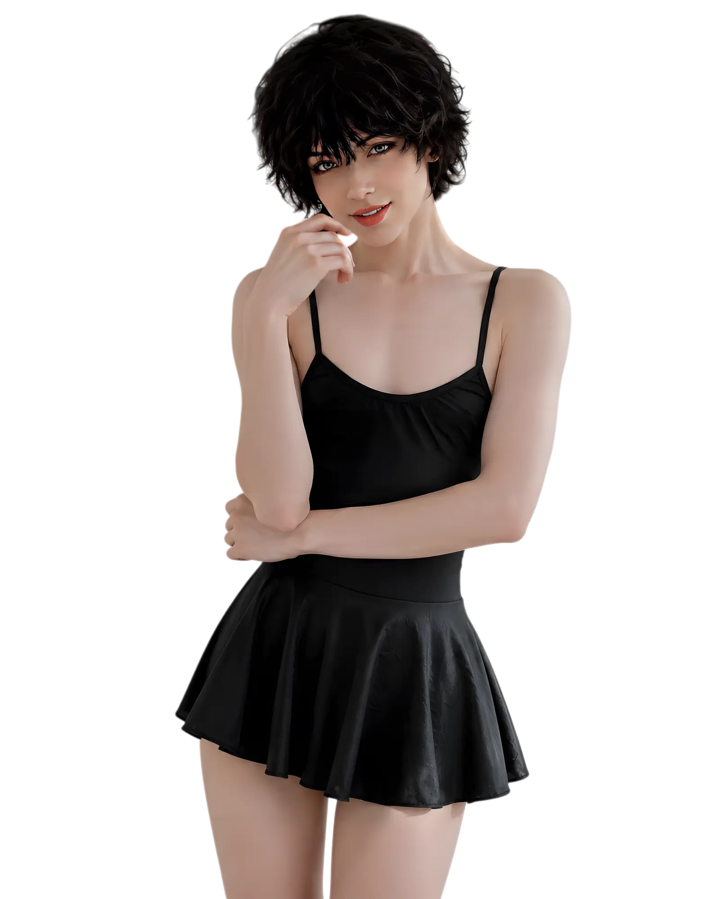 A model wearing a black spaghetti-strap camisole top and a matching black pleated mini skirt, set against a solid white background.