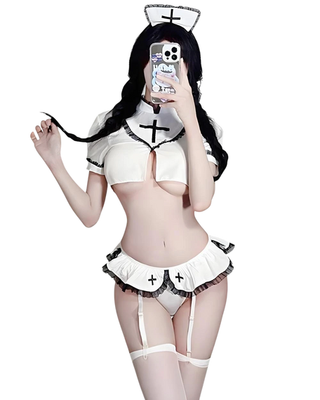 Person wearing a white nurse costume with black accents on a white background