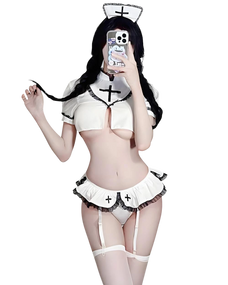 Person wearing a white nurse costume with black accents on a white background