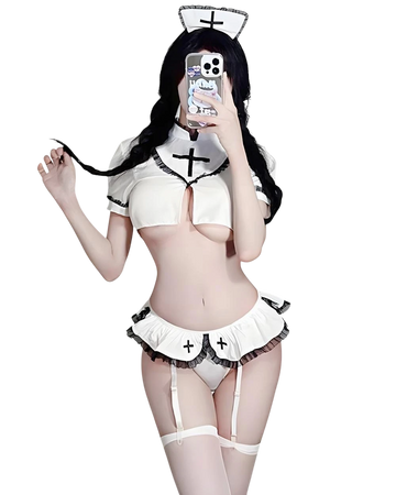 Person wearing a white nurse costume with black accents on a white background