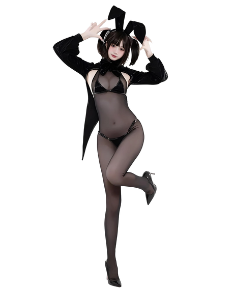 Person wearing a black bunny costume with a white background