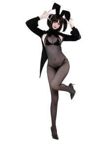Person wearing a black bunny costume with a white background