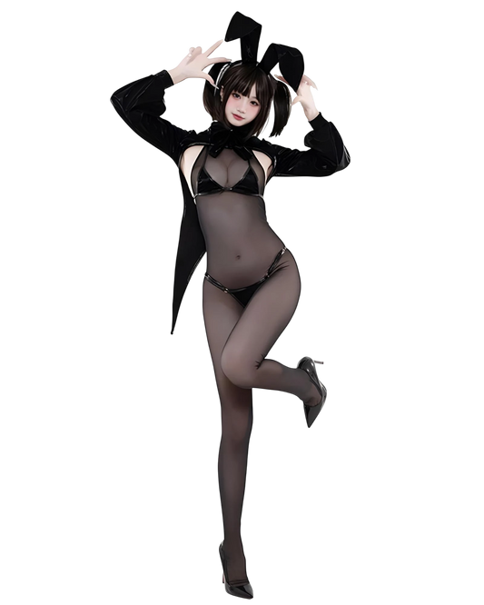 Person wearing a black bunny costume with a white background