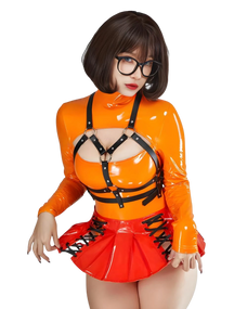 Person wearing an orange latex outfit with black straps on a white background