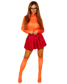 Person wearing an orange turtleneck, red skirt, and orange knee-high socks on a white background