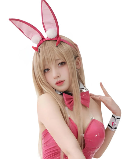 Cosplayer in pink Viper Bunny Suit cosplay from Nikke: Goddess of Victory in Noir, Blanc & Pink editions close up