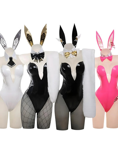 Cosplayer in pink Viper Bunny Suit cosplay from Nikke: Goddess of Victory in Noir, Blanc & Pink editions all colors