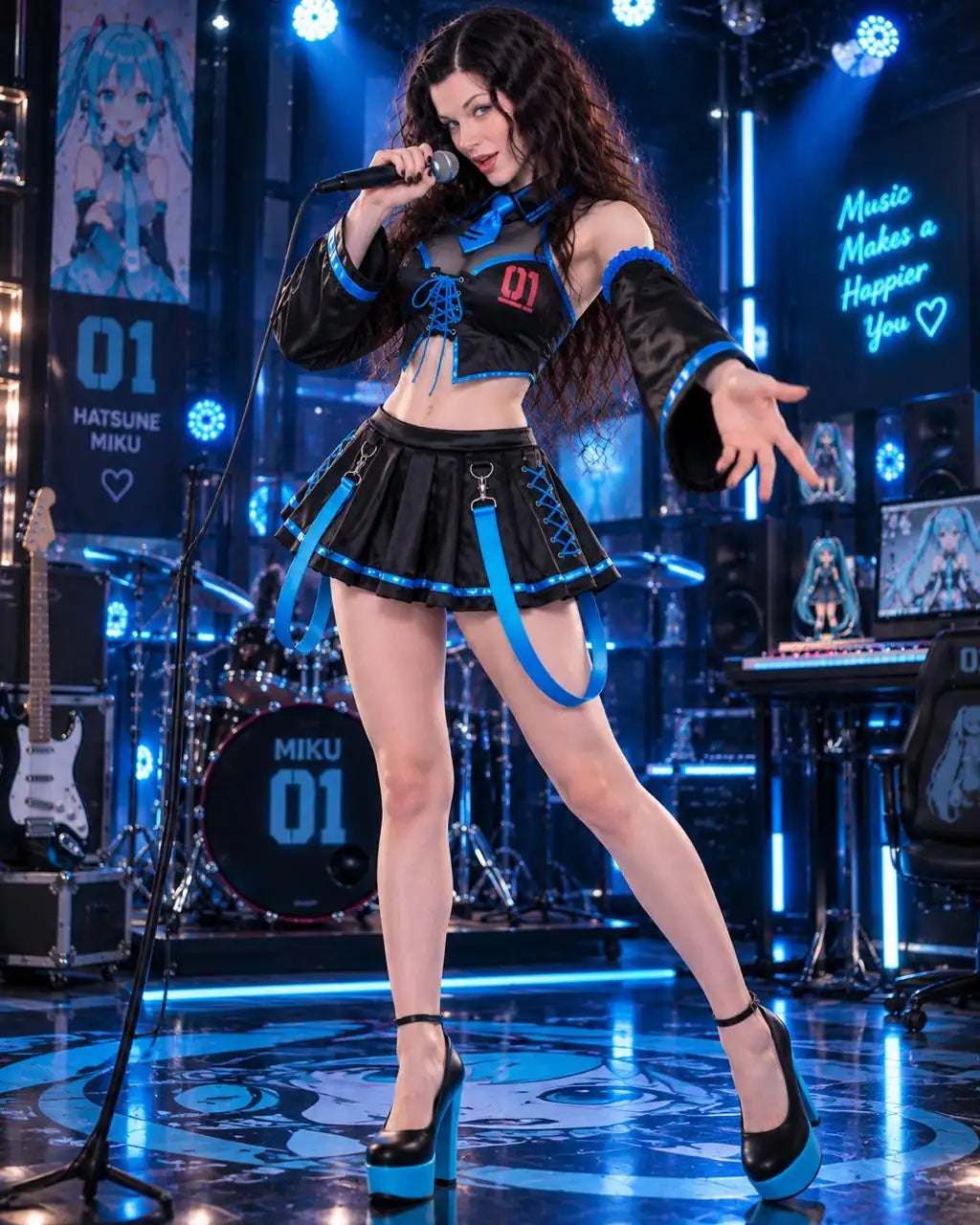 Full-length Vocal Derivative cosplay stage look with skirt and sleeves.