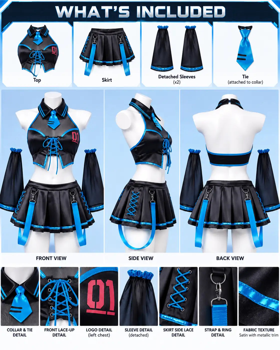 What is included in the Vocal Derivative cosplay set: top, skirt, sleeves and tie.