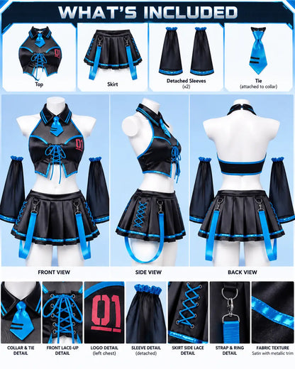 What is included in the Vocal Derivative cosplay set: top, skirt, sleeves and tie.