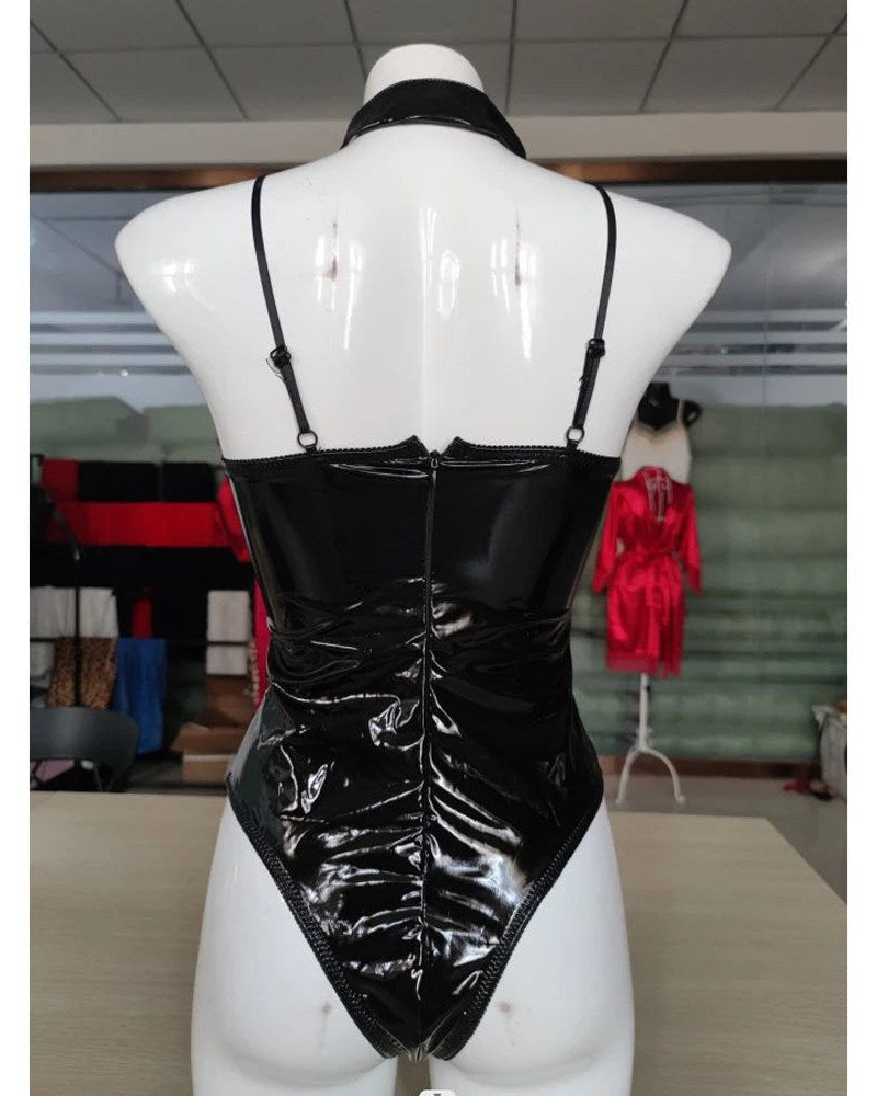 Black wet-look bustier bodysuit on mannequin, back view.
